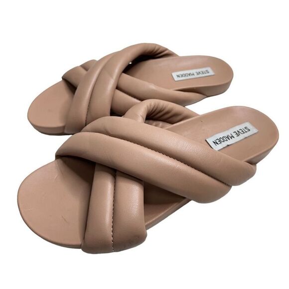 Steve Madden Sandals Womens Size 9 Nude Open Toe Crisscross Slip On Slides - Picture 1 of 10